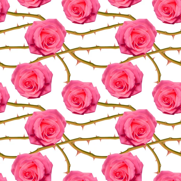 Бесшовный, бесконечный узор с розами и шипами, ярко-розовые розы на белом фоне, дизайн для упаковки. Векторная иллюстрация — стоковый вектор