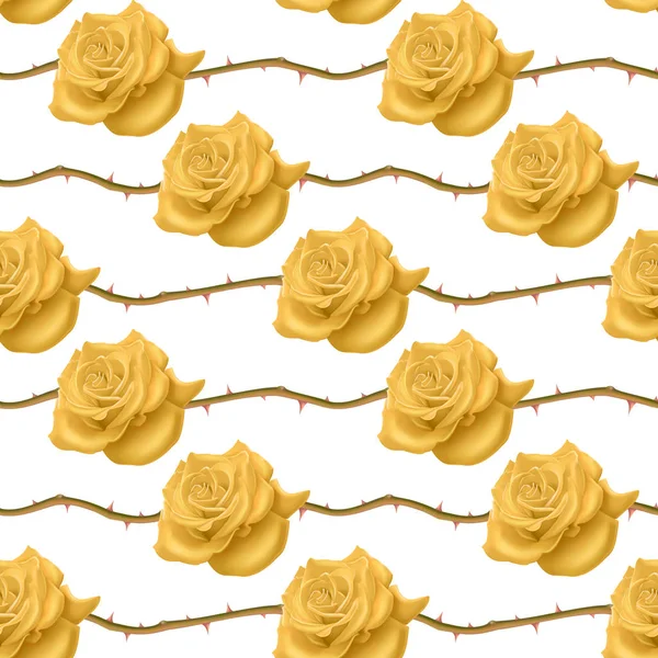Nahtloses, endloses Muster mit Rosen und Dornen, leuchtend gelbe Rosen auf weißem Hintergrund, Design für Ihre Verpackung. Vektorillustration — Stockvektor