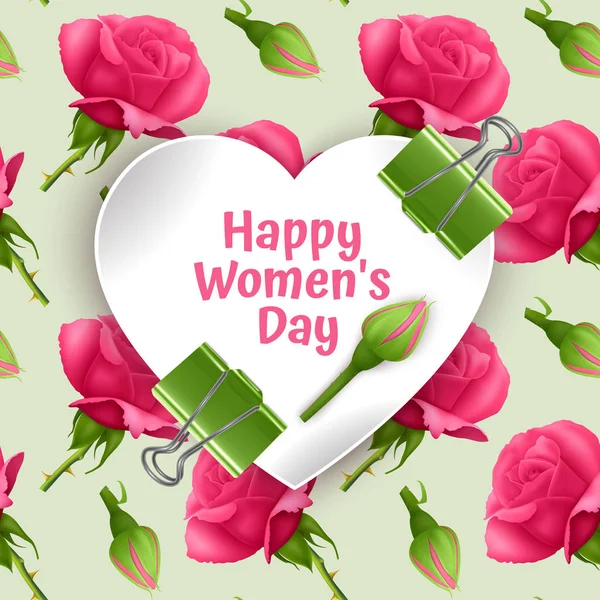 Carte de voeux Happy Women's Day, carte avec fond sans couture et sans fin avec des roses rose vif. Arrière-plan pour affiche ou bannière, illustration vectorielle — Image vectorielle