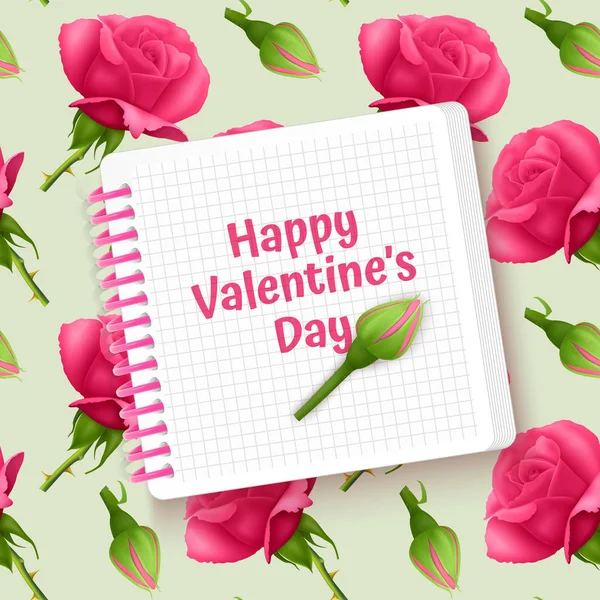 Tebrik kartı Happy Valentine's Day, Dikişsiz, parlak pembe güller ile sonsuz arka plan ile kart. Poster veya afiş için arka plan, vektör çizimi — Stok Vektör