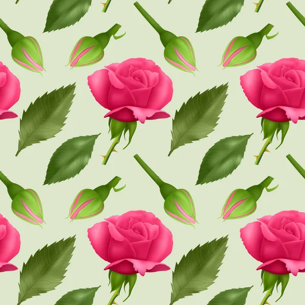 Bezešvý, nekonečný vzor s růžemi a listy, zářivě růžové růže a zelené listy na bezproblémovém pozadí, design pro váš obal — Stockový vektor