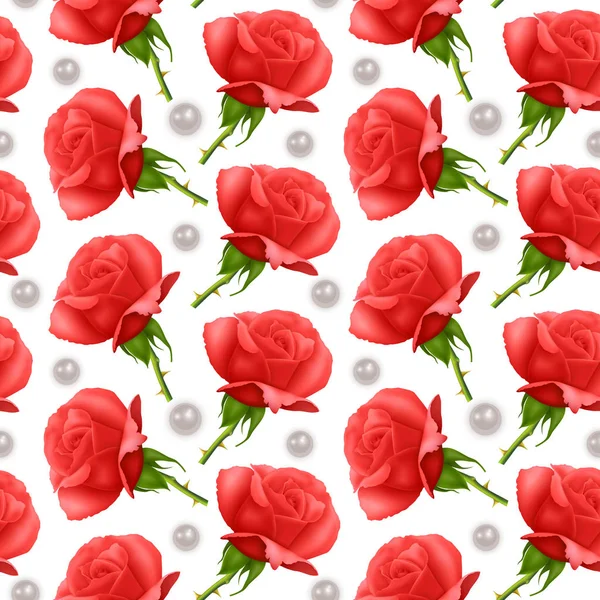 Patrón sin costuras sin fin con impresión de hermosas rosas y perlas realistas sobre fondo blanco. Se puede utilizar en la industria alimentaria para fondos de pantalla, carteles, papel de embalaje, tarjetas de boda . — Vector de stock