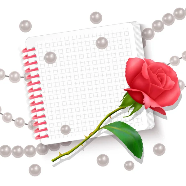 Carte de voeux avec un carnet, une rose rouge et une dispersion de perles, la carte peut être utilisée le 8 mars ou la Saint-Valentin — Image vectorielle