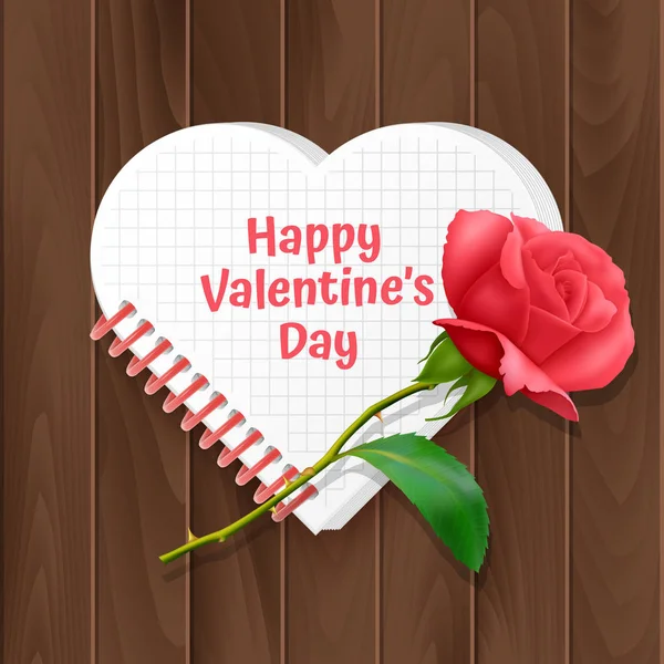 День Святого Валентина вітальну листівку, карти з серцевим блокнотом і реалістичною троянди на дерев'яному фоні. Векторна ілюстрація — стоковий вектор