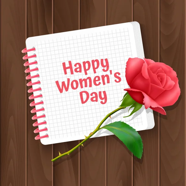 Wenskaart van Womens dag, een kaart met een notebook en een realistische roos op een houten achtergrond. Vector illustratie — Stockvector