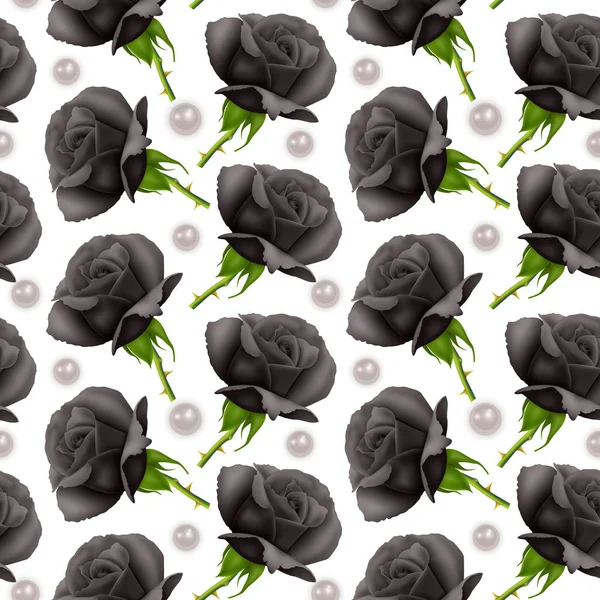 Nahtlose endlose Muster mit Druck von schönen schwarzen Rosen und Perlen auf weißem Hintergrund. kann in der Lebensmittelindustrie für Tapeten, Poster, Geschenkpapier, Hochzeitskarten verwendet werden. — Stockvektor