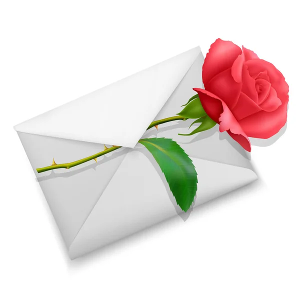 Weißer realistischer Umschlag und rote Rose auf weißem Hintergrund, der Umschlag mit Liebesbotschaft im Inneren. Romantische Briefe in realistischem Stil. Abbildung Vector EPS 10 — Stockvektor