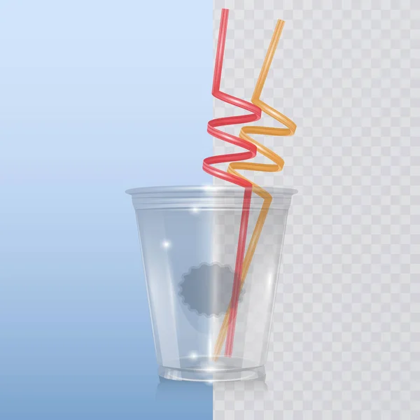 Templat gelas plastik transparan untuk soda atau minuman dingin dengan jerami minum, diisolasi pada latar Transparan. Koleksi paket. Ilustrasi EPS 10 Vektor. - Stok Vektor