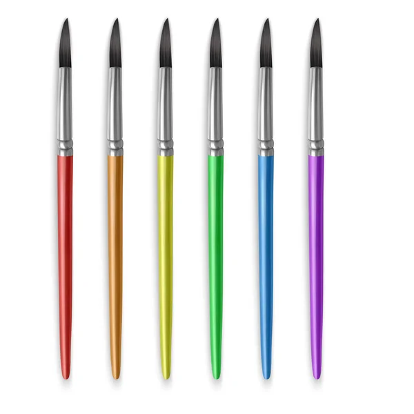 Boya fırçaları farklı gökkuşağı renkleri, beyaz arka plan üzerinde gerçekçi fırçalar seti, vektör illüstrasyon — Stok Vektör