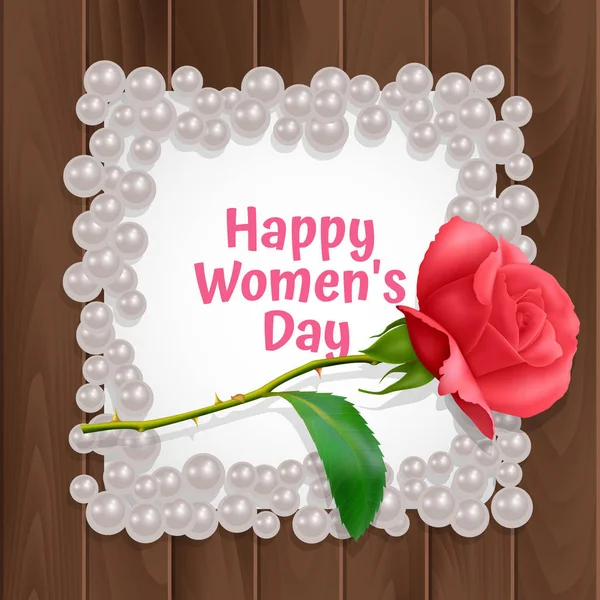 Karta z życzeniami damska dzień, karta z ramą w kształcie kwadratu i realistyczna róża na drewnianym tle. Ilustracja wektorowa — Wektor stockowy