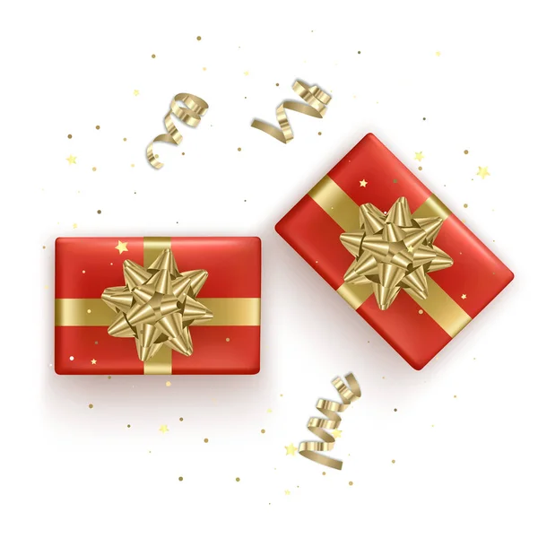 Conjunto de cajas de regalo rojas con cinta dorada realista, vista superior. Regalo de cumpleaños, elemento de decoración navideña. Vector Eps 10 ilustración . — Vector de stock