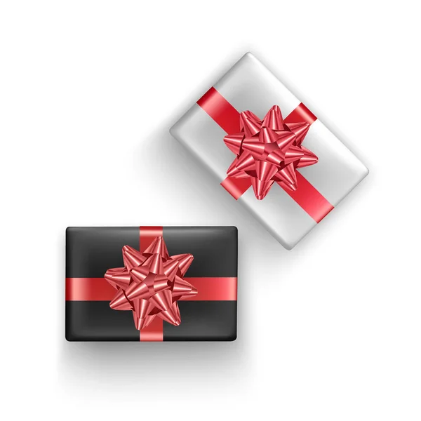 Set de coffrets cadeaux noir et blanc avec ruban rouge réaliste, vue de dessus. Cadeau d'anniversaire ou d'anniversaire, élément de décoration de vacances. Illustration du vecteur Eps 10 . — Image vectorielle