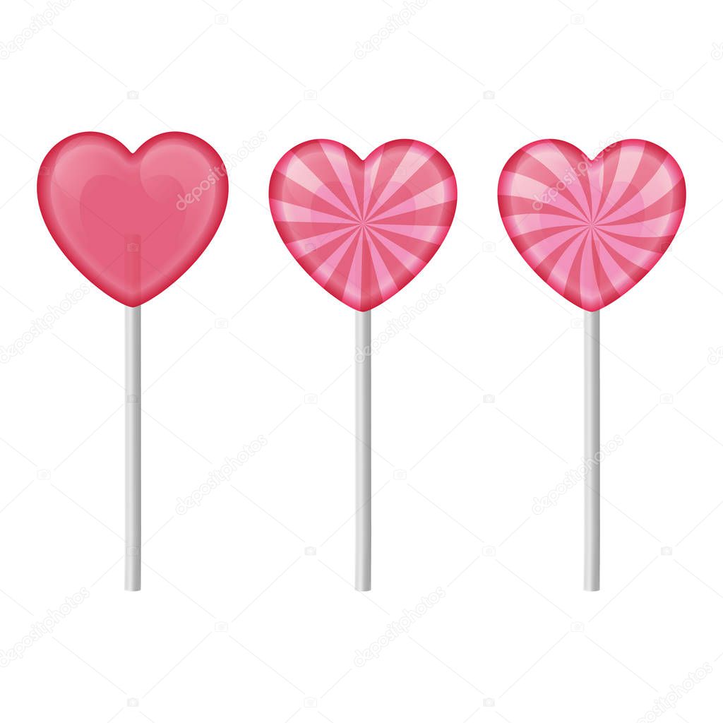 Set of 3 sweet realistic lollipops in pink color. Sweet lollipops of heart shape. Vector illustration.
