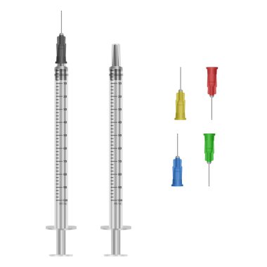 İnsülin şırınga 0.5 ml beyaz arka plan üzerinde çeşitli renk hipodermik iğneler ile, tıbbi tek kullanımlık şırınga vektör Eps 10 illüstrasyon