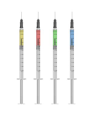 İnsülin şırınga 0.5 ml beyaz bir arka plan üzerinde çok renkli sıvılar ile. Gerçekçi vektör Eps 10 illüstrasyon