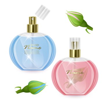 Beyaz arka plan üzerinde Parfüm şişesi mockup, tasarım kullanımı için 3d illüstrasyon gül kokusu ile Kozmetik cam şişe