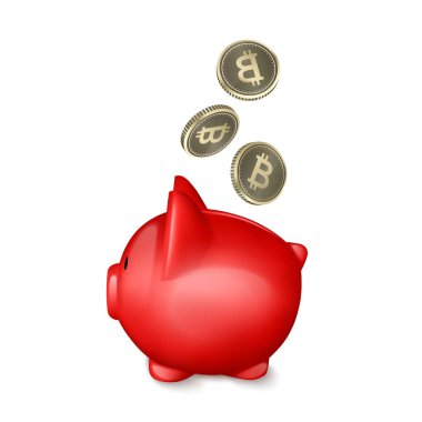 Düşen bitcoins ile domuz para kutusu. 3d gerçekçi Vektör illüstrasyon, tasarım afiş kavramı. Bitcoinleri tutun.