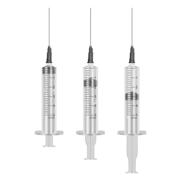 Jeu de seringues médicales. Illustration de seringues médicales avec des aiguilles dans un style réaliste. Illustration du vecteur EPS 10 — Image vectorielle