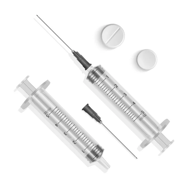 Set of medical syringes. Illustration of medical syringes with needles in realistic style. Top view, Vector EPS 10 illustration — Stock Vector