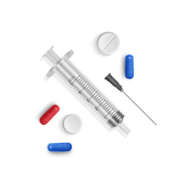 Set of medical syringes with medical tablets and capsules. Illustration of medical syringes with needles in realistic style. Top view. Vector EPS 10 illustration — Stock Vector