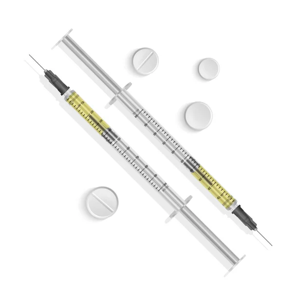 Jeringa de insulina 0,5 ml. Las jeringas están llenas de una solución de vacuna. Ilustración de jeringas médicas con agujas en estilo realista. Vector EPS 10 ilustración — Vector de stock