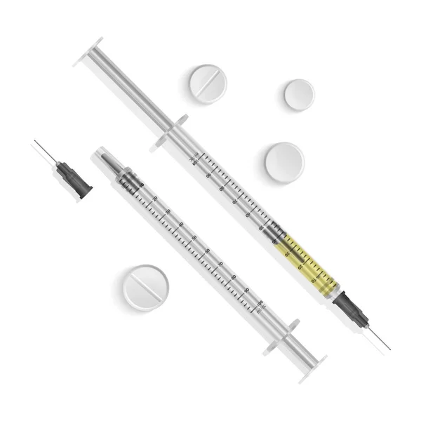 Insulin syringe 0.5 ml. Syringes are filled with a solution of vaccine. Illustration of medical syringes with needles in realistic style. Vector EPS 10 illustration — Stock Vector