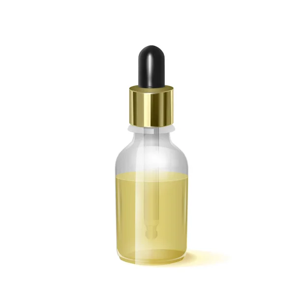 Realistic glass bottle with dropper. Cosmetic vial for oil, collagen serum. Mock up vector illustration isolated on white background — Stock Vector