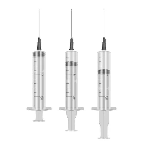 Seringa realista 20 ml com agulhas hipodérmicas em fundo branco, seringas de uso único médicas. Ilustração do Vector EPS 10 —  Vetores de Stock