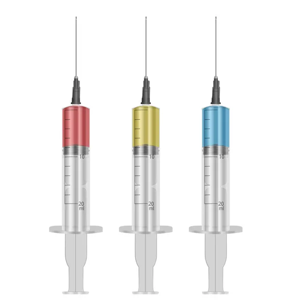 Conjunto de seringas médicas. As seringas são cheias com uma solução de vacina. Ilustração de seringas médicas com agulhas em estilo realista. Ilustração do Vector EPS 10 —  Vetores de Stock