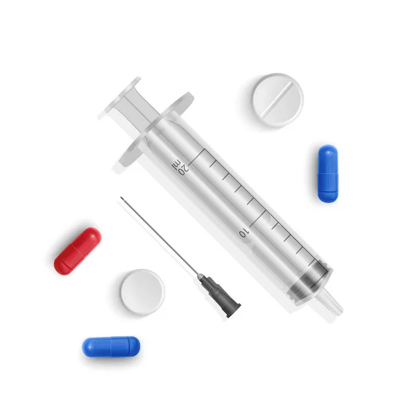 Set de seringues médicales avec comprimés et gélules médicaux. Illustration de seringues médicales avec des aiguilles dans un style réaliste. Vue de dessus. Illustration du vecteur EPS 10 — Image vectorielle