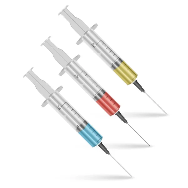 Jeu de seringues médicales. Les seringues sont remplies d'une solution de vaccin. Illustration de seringues médicales avec des aiguilles dans un style réaliste. Illustration du vecteur EPS 10 — Image vectorielle