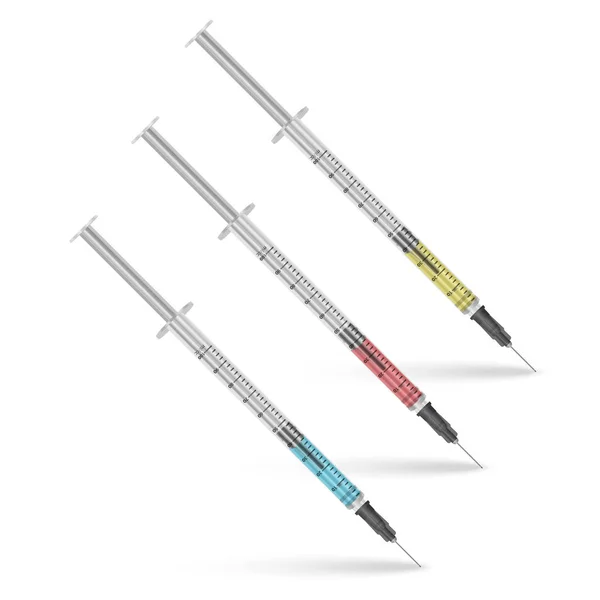 Insulinspritze 0,5 ml mit bunten Flüssigkeiten auf weißem Hintergrund. realistischer Vektor eps 10 Illustration — Stockvektor