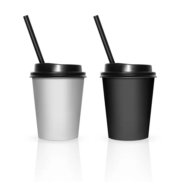 Ensemble de gobelets jetables en plastique noir et blanc avec couvercle. Une tasse de café. Isolé sur fond blanc. Illustration 3d réaliste . — Image vectorielle