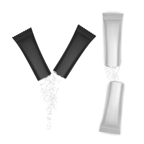 Набір іконок цукрової палички або контейнер з сіллю та папером, паличка ізольована на білому тлі. Одноразова упаковка палички з сіллю або цукром чорно-білих кольорів — стоковий вектор