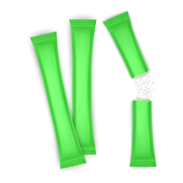 Фольга або папір зеленого кольору Упаковка Стік для кави, солі, цукру, перцю або спецій. Реалістична сітка Векторна макетна ілюстрація . — стоковий вектор