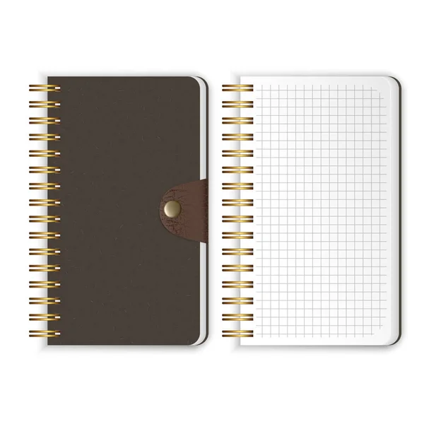 Conjunto de cuaderno realista. Cuadernos de encuadernación en espiral abiertos y cerrados. Plantilla vectorial aislada sobre fondo blanco — Archivo Imágenes Vectoriales