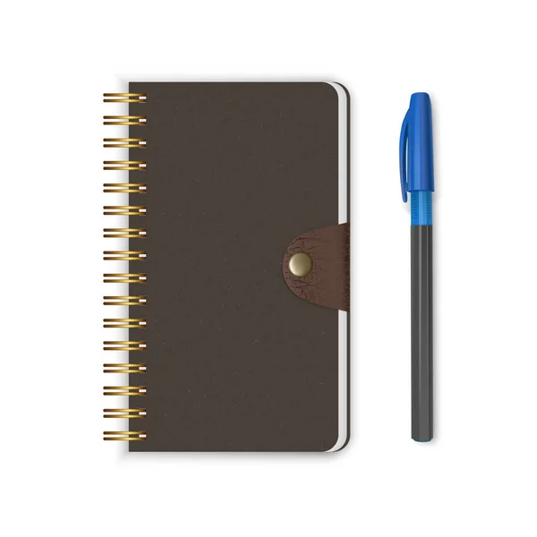 Cuaderno de encuadernación en espiral o bloc de notas y bolígrafo aislado sobre fondo blanco, Cuaderno de bocetos cerrado o diario. Vector EPS 10 ilustración — Vector de stock