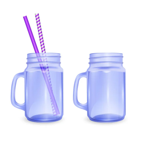 Lege pot voor smoothies met gestreepte stro voor cocktails geïsoleerd op witte achtergrond voor het adverteren van uw producten drankjes in restaurants en cafés. Vector EPS 10 illustratie — Stockvector