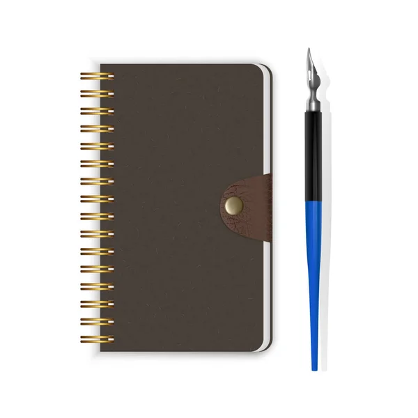 Cuaderno de encuadernación en espiral o bloc de notas y pluma estilográfica aislados sobre fondo blanco, Cuaderno de bocetos cerrado o diario. Vector EPS 10 ilustración — Vector de stock