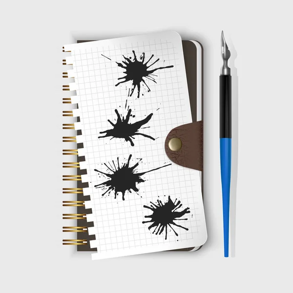 Caneta-tinteiro vetorial, caneta-tinteiro no bloco de notas e manchas de tinta preta. Estilo realista ilustrado — Vetor de Stock