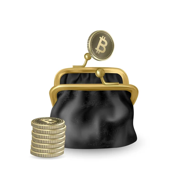 Die schwarze, geöffnete Geldbörse. Goldmünzen regnen in die offene Brieftasche. Goldmünzen Geld, Bitcoin fallen oder fallen in offenen Geldbeutel. Vektor Folge 10 Abbildung — Stockvektor