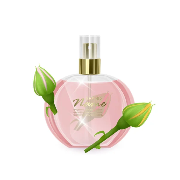 香水瓶模型在白色背景，化妆品玻璃瓶与玫瑰的气味在3D插图设计使用 — 图库矢量图片