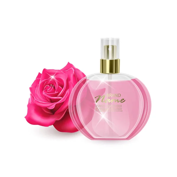 Парфюмерная бутылка макет на белом фоне, косметическая стеклянная бутылка с ароматом роз в 3D иллюстрации для использования дизайна — стоковый вектор