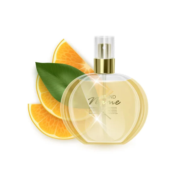 Promo banner van luxe parfum merk. Realistische glazen fles op witte achtergrond met citrusvruchten. Vector EPS 10 illustratie — Stockvector