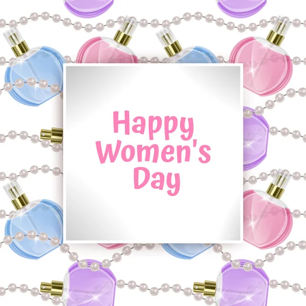 Glückwunschkarte zum Frauentag, Karte mit nahtlosem, endlosem Hintergrund mit Druck von Parfümflaschen und Perlen. Hintergrund für Plakat oder Banner, Vektorillustration — Stockvektor