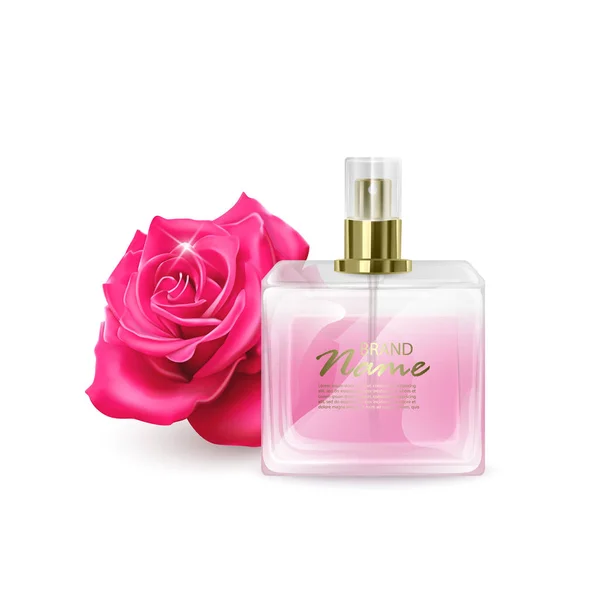 Modèle de bouteille de parfum sur fond blanc, bouteille en verre cosmétique avec le parfum de roses en illustration 3D pour un usage de conception — Image vectorielle