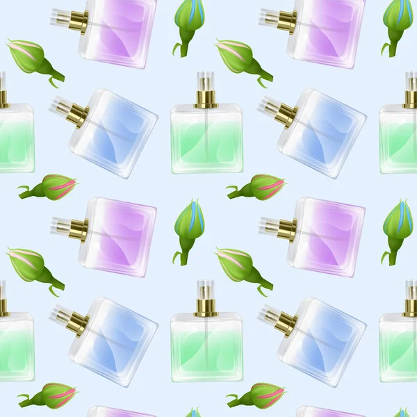 Nahtlose endlose Muster mit Druck von Parfümflaschen und Rosen im Cartoon-Stil können in der Lebensmittelindustrie für Tapeten, Geschenkpapier, Hochzeitskarten verwendet werden. — Stockvektor