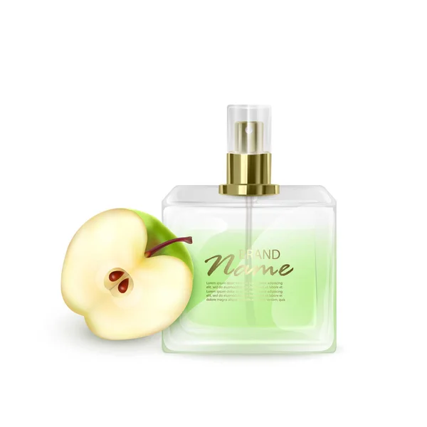 Słoik z zielonymi perfumami na zielonym tle jabłkowym, realistyczny słoik z dozownikiem, perfumy z zapachem jabłkowym, wektor EPS 10 ilustracja — Wektor stockowy