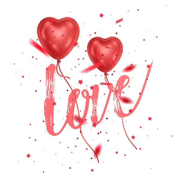 Set de globos corazón rojo San Valentín, diseño de póster con amor flotante está en el aire con texto de letras de amor, fondo para el día de San Valentín. Vector EPS 10 ilustración . — Vector de stock