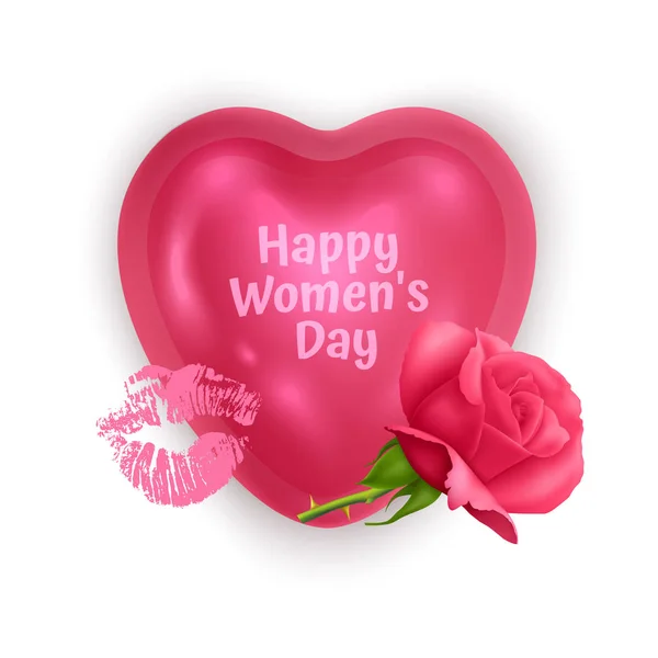 Postal con el día de la mujer, tarjeta de felicitación con un corazón rosa volumétrico y una hermosa rosa, ilustración de la marcha 8 — Vector de stock